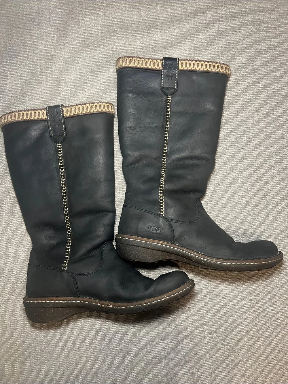 UGG Swell Tall Black Leather Mid-Calf Boot w/ Tan Trim Stitching - Women size 9